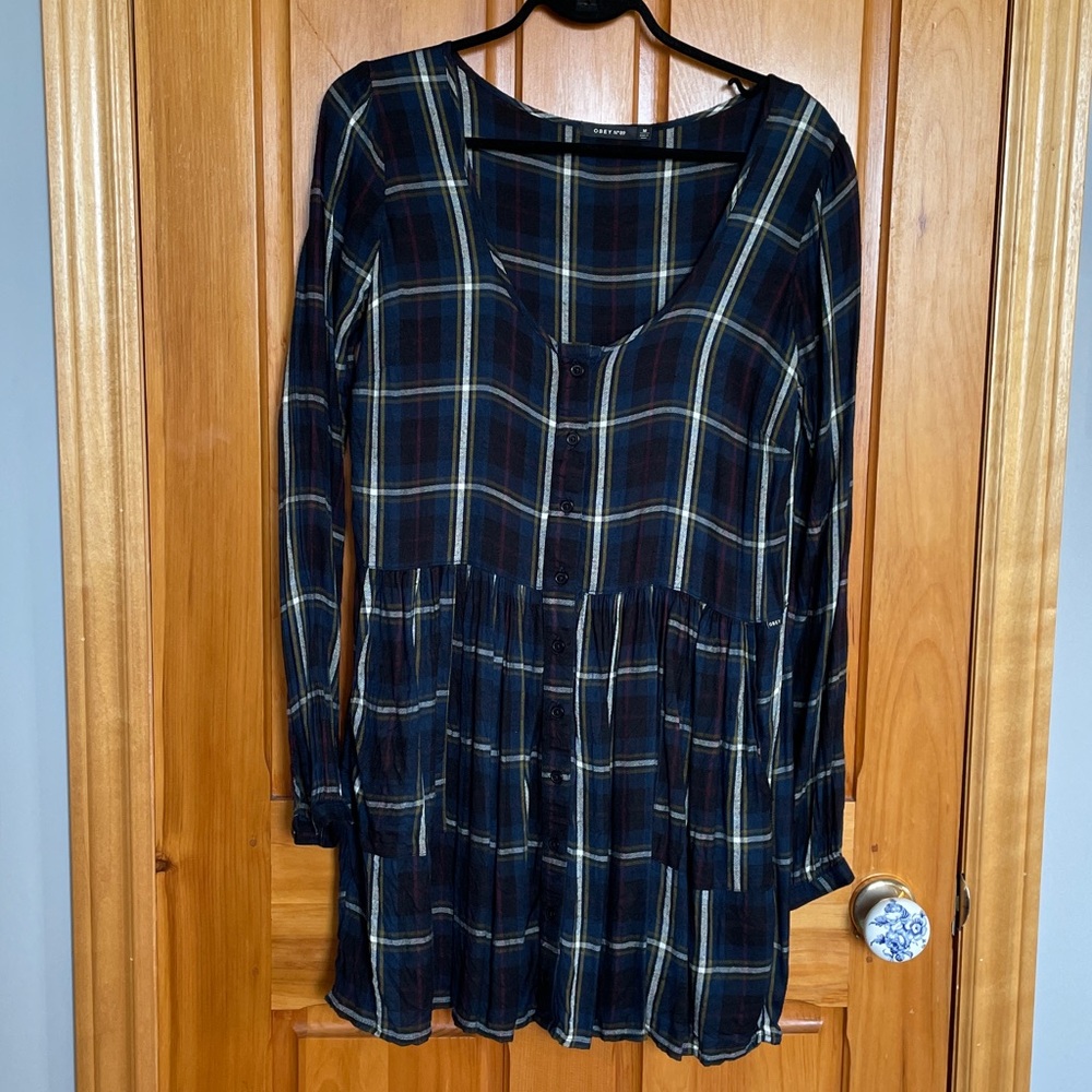 Obey Pretty Plaid Long Sleeve Dress - Navy and Yellow M